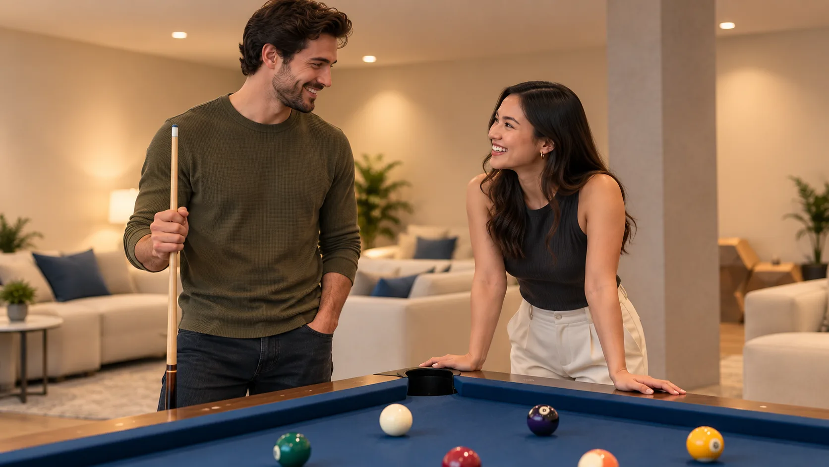 Deux résidents partagent un moment convivial autour du billard