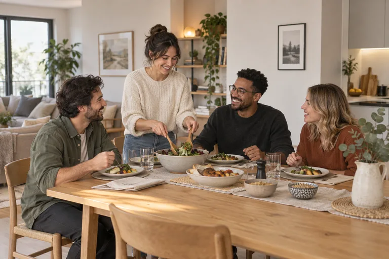 Quatre amis préparent et partagent un repas