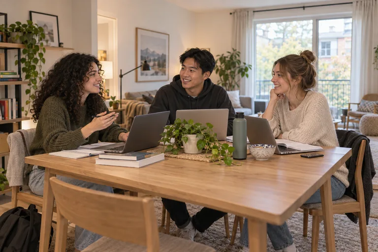 Trois étudiants étudient ensemble à la maison