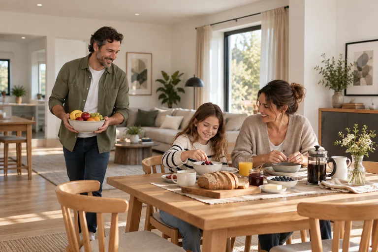 Une famille partage un petit déjeuner à la maison
