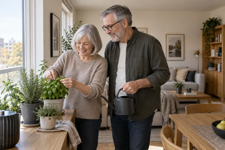 Un couple prend soin de ses plantes à la maison
